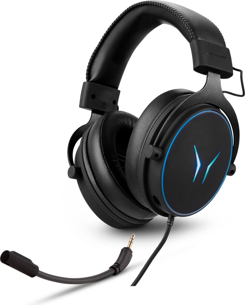 A black gaming headset with blue RGB lighting on a white background.