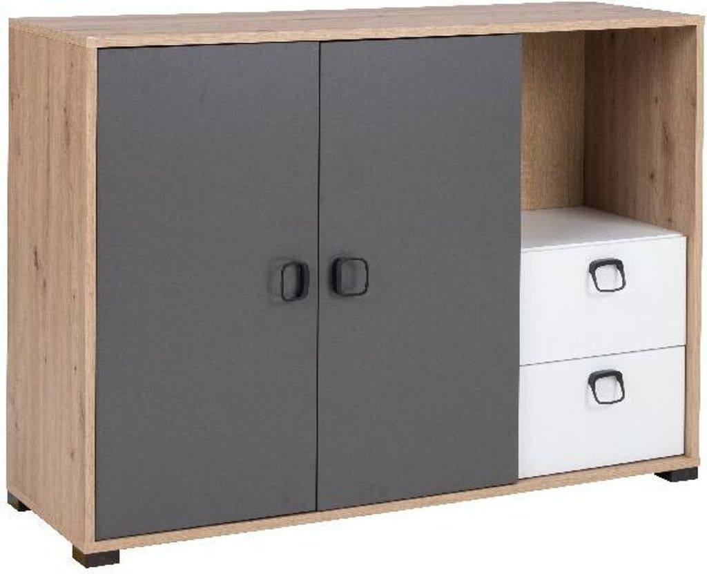 Kommode KEVIN 6 120 cm mit Türen und Schubladen Eiche Artisan +Weiß + Graphit