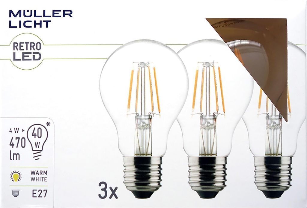 The image shows the packaging of Müller Licht LED bulbs, with three bulbs visible.