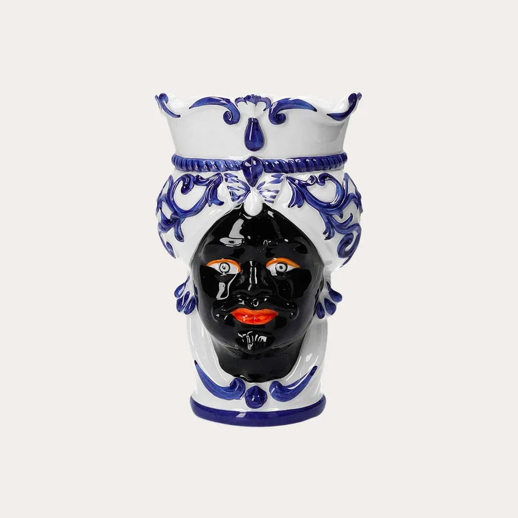 Vase en céramique bleue design visage homme noir décoratif haut 20 cm