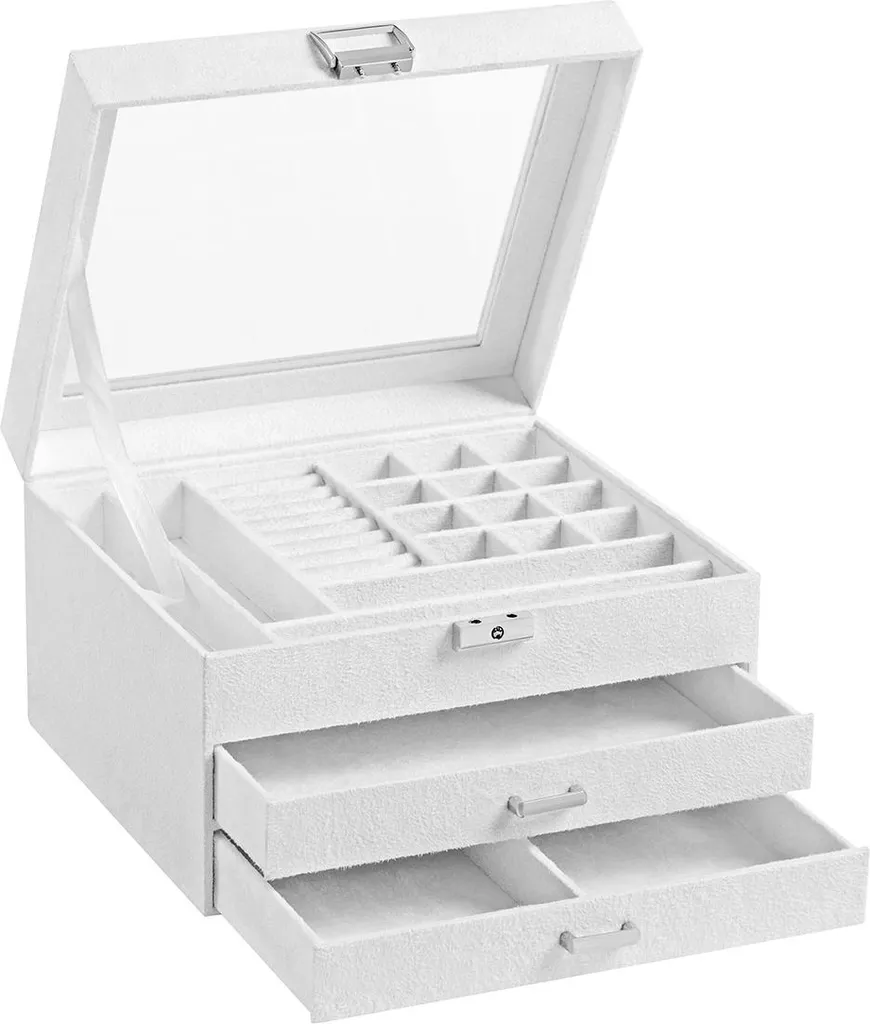 Portagioie con cassetti e coperchio in vetro, bianco