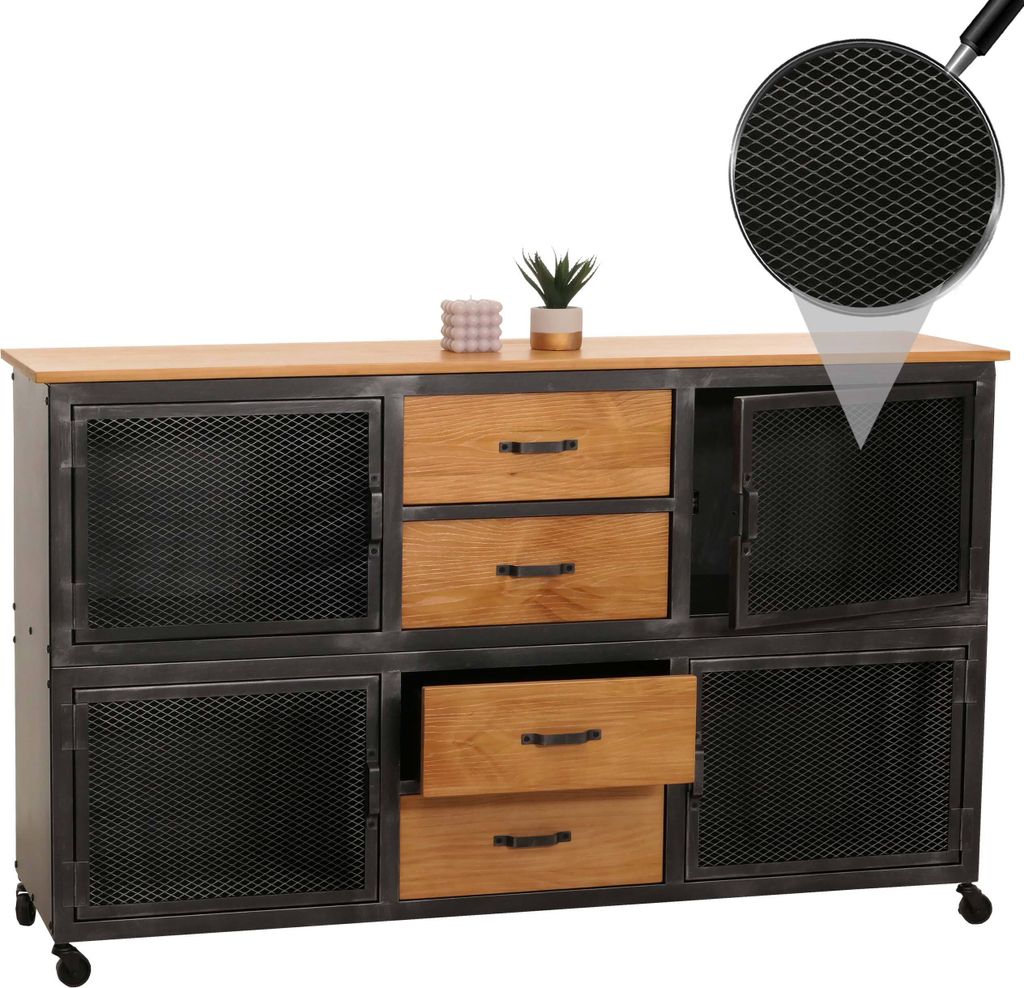 Sideboard MCW-N28, Kommode, Rollen 4 Schubladen, 3D-Struktur Industrial Retro Metall Holz 90x150x40cm schwarz, natur