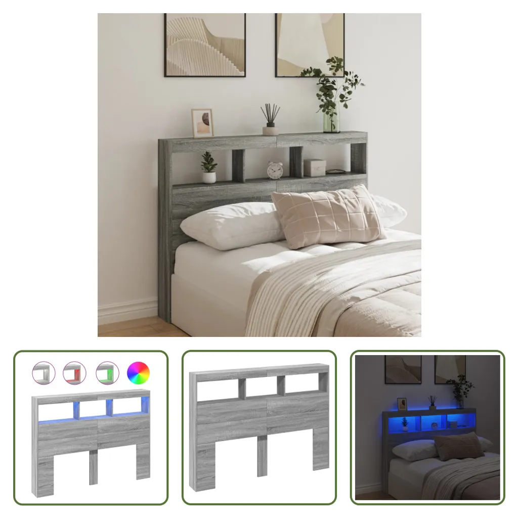 Tête de lit avec rangement et LED intégrées 140 cm en bois Gris Sonoma