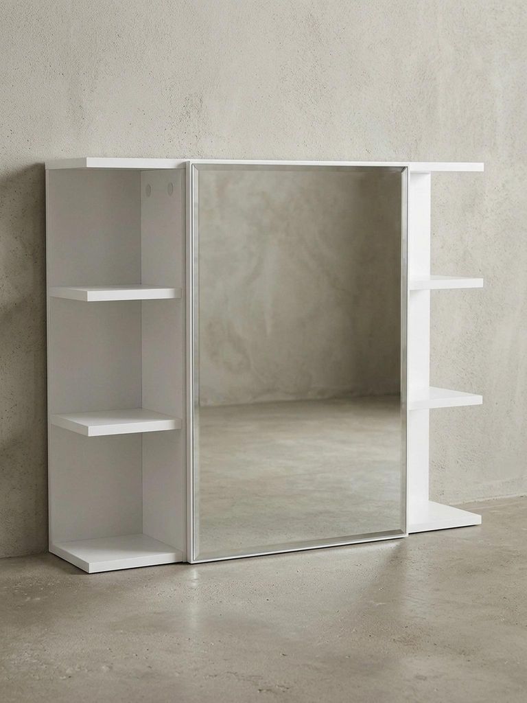 Hängeschrank WL5.754 Weiß 80x64,5x20cm Spanplatte Spiegelschrank Modern, Design Badregal Freischwebend, Schränkchen mit Spiegel, Badezimmerschra...