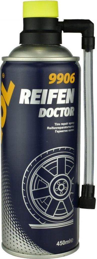 A can of tire repair spray with a nozzle and tube.
