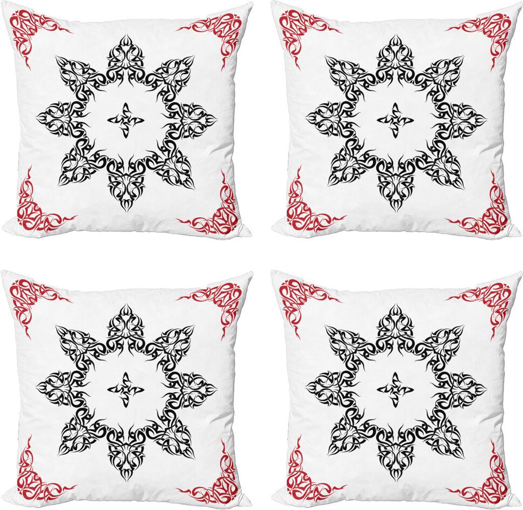ABAKUHAUS Stammes Kissenbezug Set (4 Stück), Tattoo Circular Vector, Moderner Doppelseitiger Digitaldruck, 50 cm x 50 cm, Schwarz Weiß und Ruby