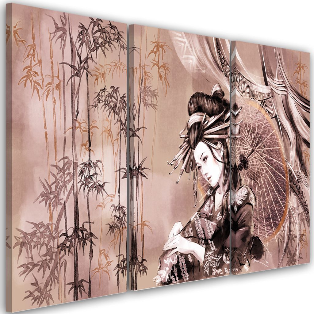 Triptychon auf leinwand geisha und bambus 120x80 cm Feeby rot wandbild bereit zum aufhängen