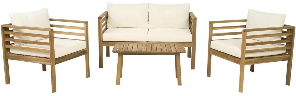 Salon de détente pour terrasse Beckham en bois et coussins beige 4p