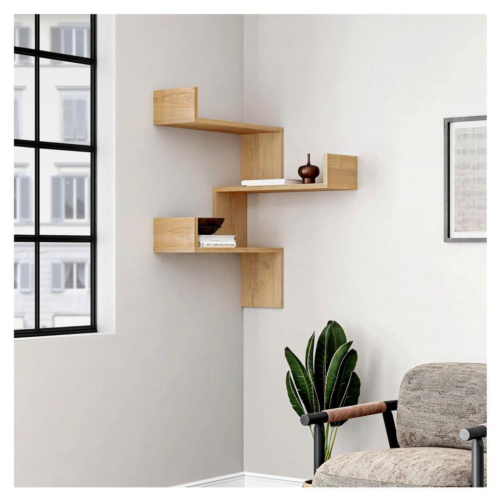 Wandmontiertes Eckregal mit 3 Etagen | Bücherregal & Dekoregal | 60 x 60 x 90 cm | Verschiedene Farben | Eiche