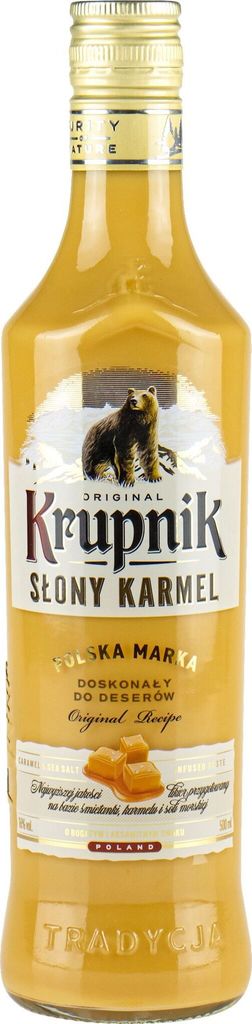 A bottle of Krupnik Slony KARAMEL Salted Caramel Likör.