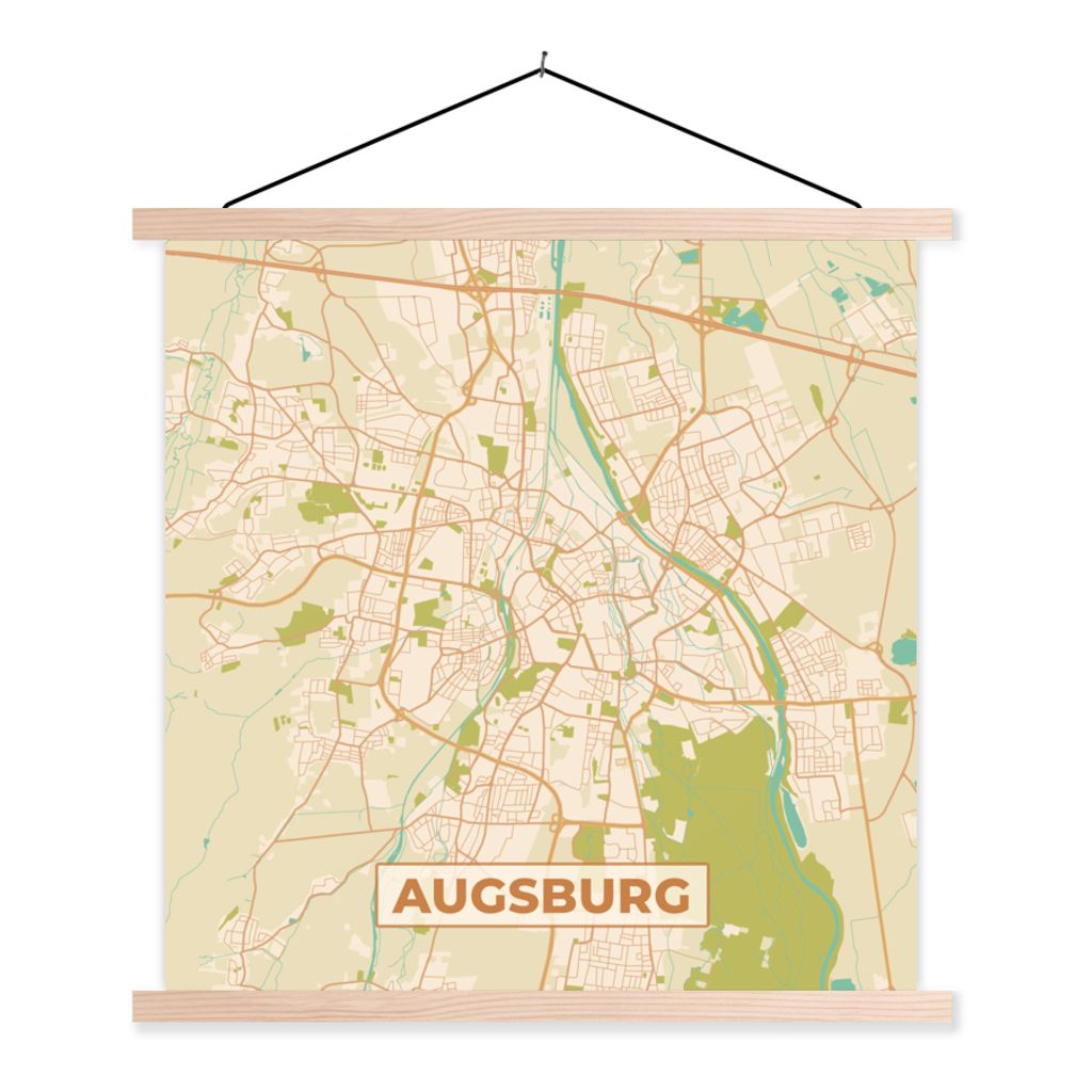 MuchoWow Textilposter Jahrgang - Augsburg - Karte - Stadtplan 120x120 cm mit holzfarbenen Rahmen - Textil-Poster