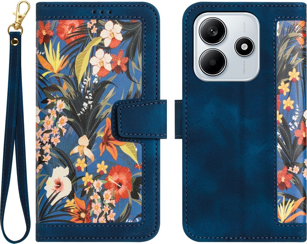 Für Xiaomi Redmi Note 14 5G Kunstleder Wallet Handy Tasche Blumen Design Hülle Etuis Dunkelblau