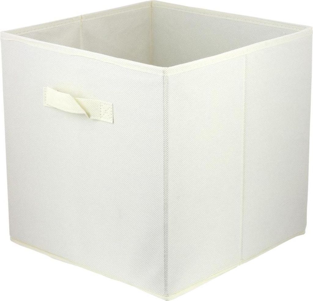 A single, empty, beige storage box with a handle on the side, shown from a slightly elevated front-left angle against a white background.