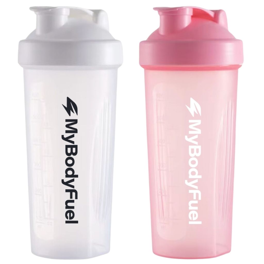 MyBodyFuel Shake Becher (2er Set) – Protein Shaker mit Mixfilter, 700 ml, BPA-frei – Für Smoothies & Proteinshakes (Weiß/Rosa)