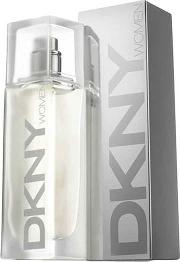 A bottle of DKNY Woman perfume and its packaging are displayed against a white background.