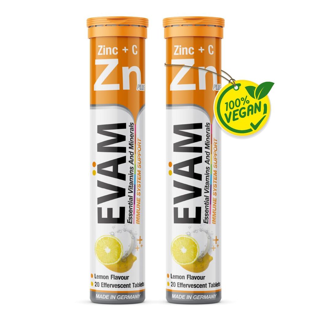 EVÄM Zink + Vitamin C Brausetabletten 2er Set (40 Stk) für Immunsystem, Energie & Zellschutz, Haut, Haare & Nägel, Zitronig, vegan, Hergestellt ...