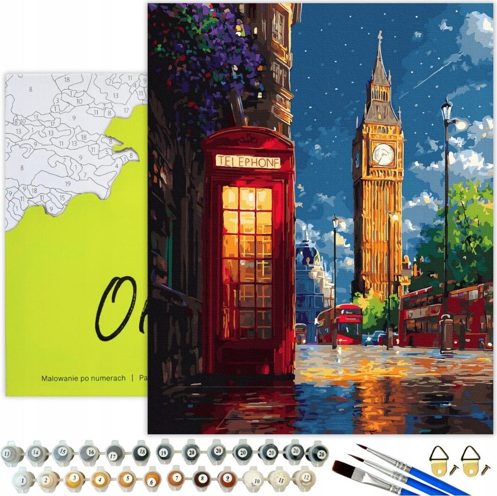 Malen nach Zahlen Erwachsene Stadt London Nacht 50x40 - 32 Acrylfarben, Leinwand mit Holzrahmen, 3 Pinseln und Zubehör Oh Art!