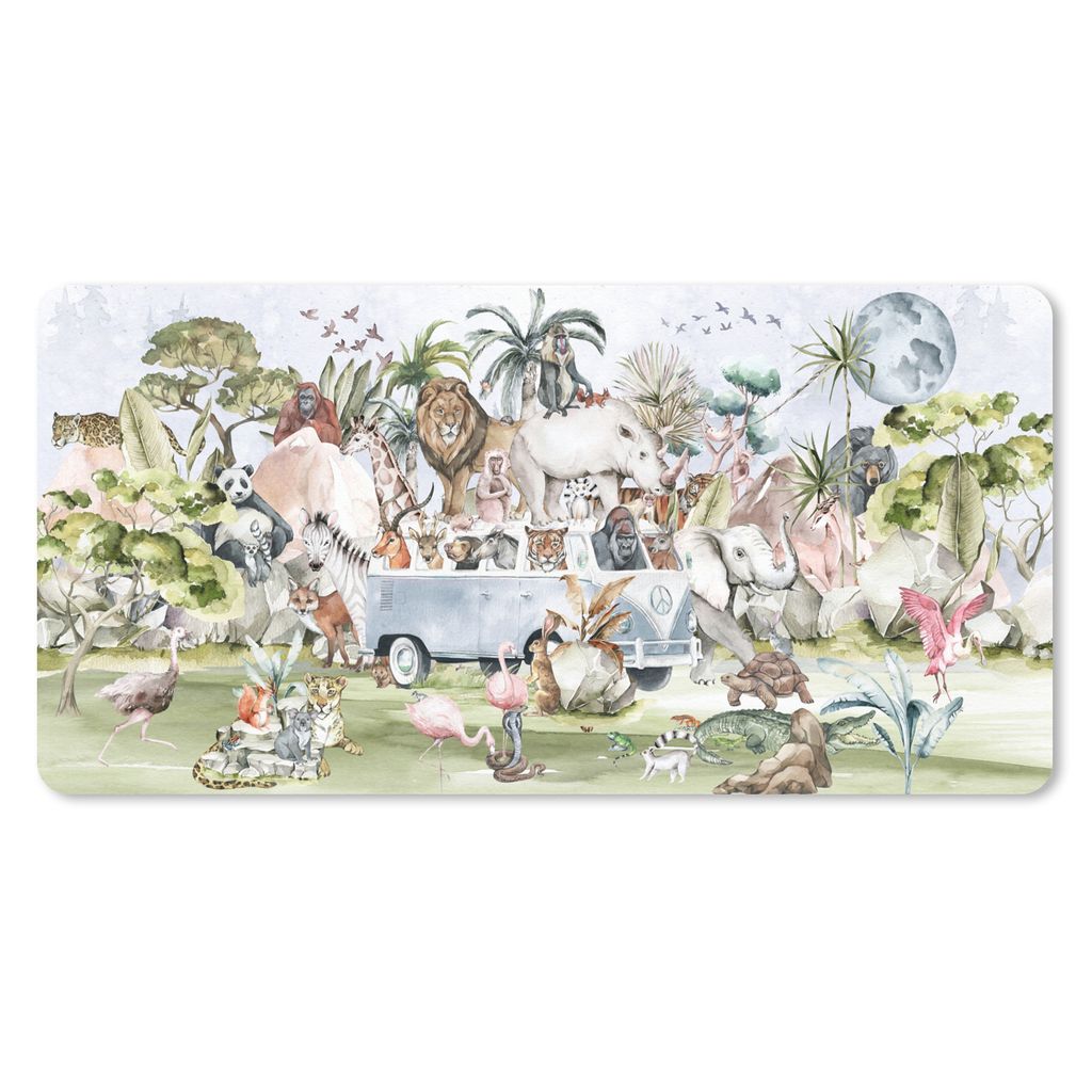 MuchoWow Schreibtischunterlage Dschungel - Bus - Tiere - Kinder - Pflanzen 80x40 cm - XXL Mauspad - Gaming Mauspad