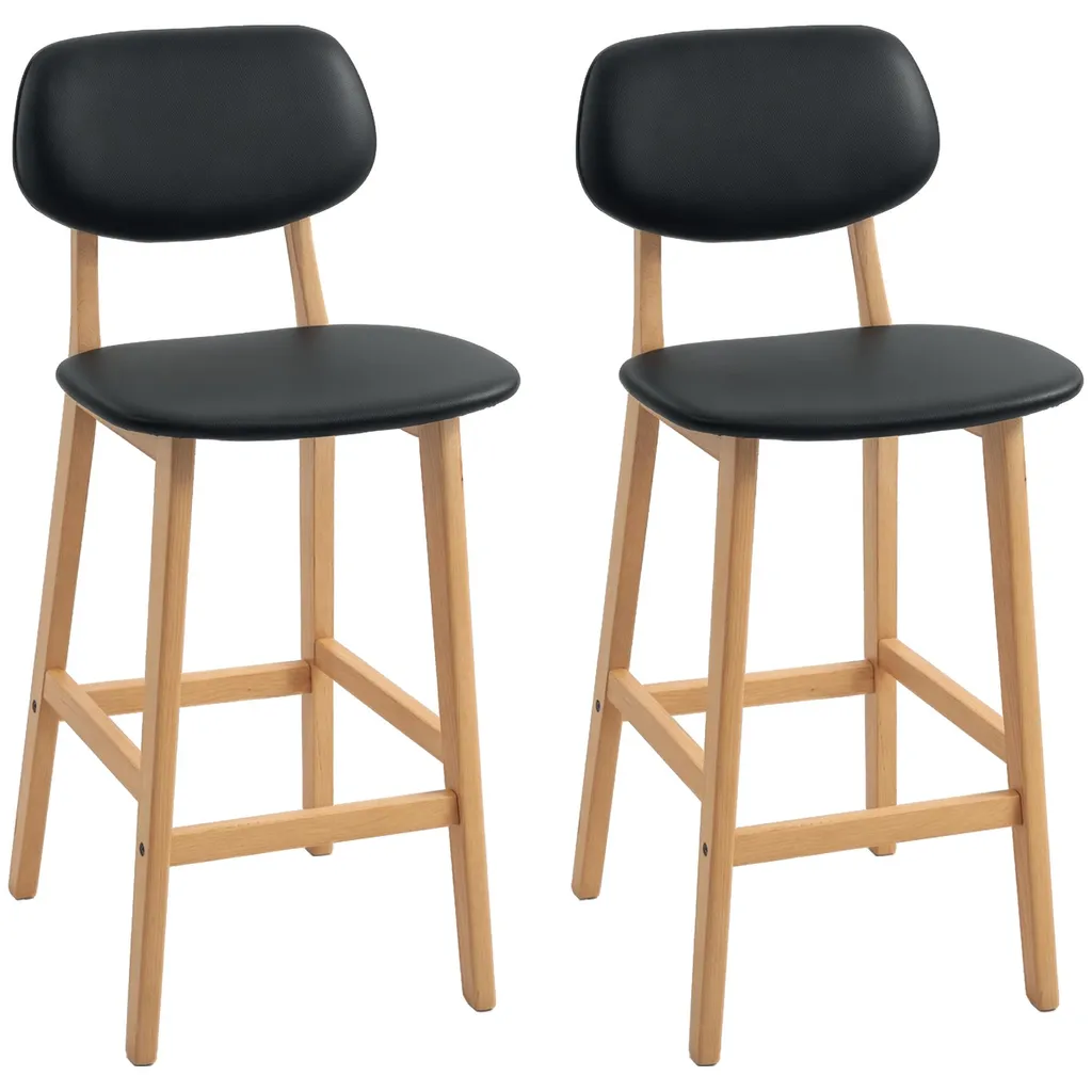 Chaises hautes de bar noires avec dossier ergonomique et pieds bois