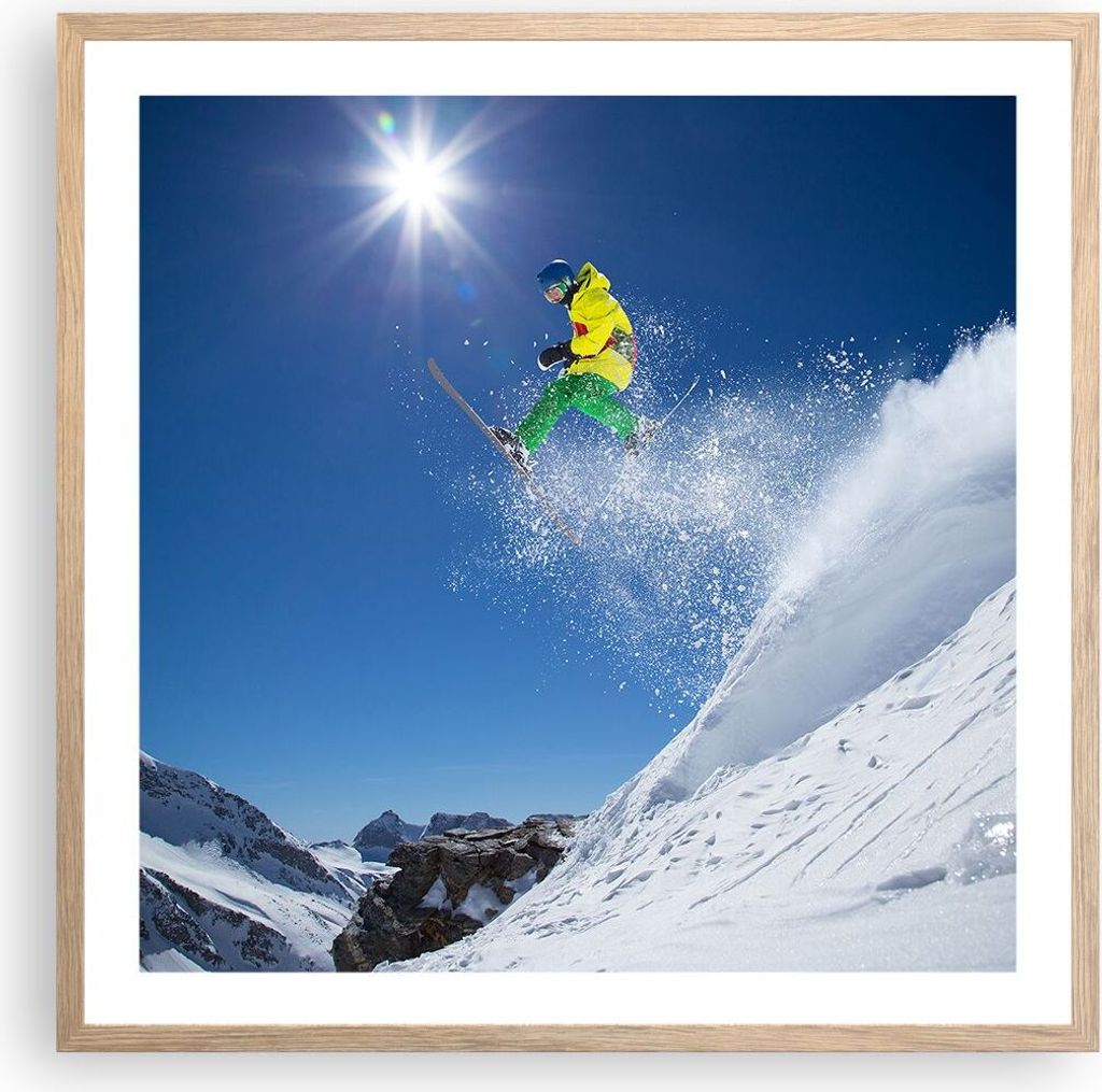 Gerahmtes Poster - Rahmen in heller Eiche - Ski Winter Schnee Berg - 60x60 cm - Wand Bild - Wanddeko - Wandbilder - Wandposter - Bilderrahmen - Bil...