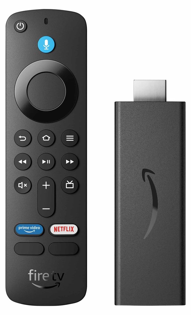 A black Fire TV Stick and its remote control are displayed against a white background.