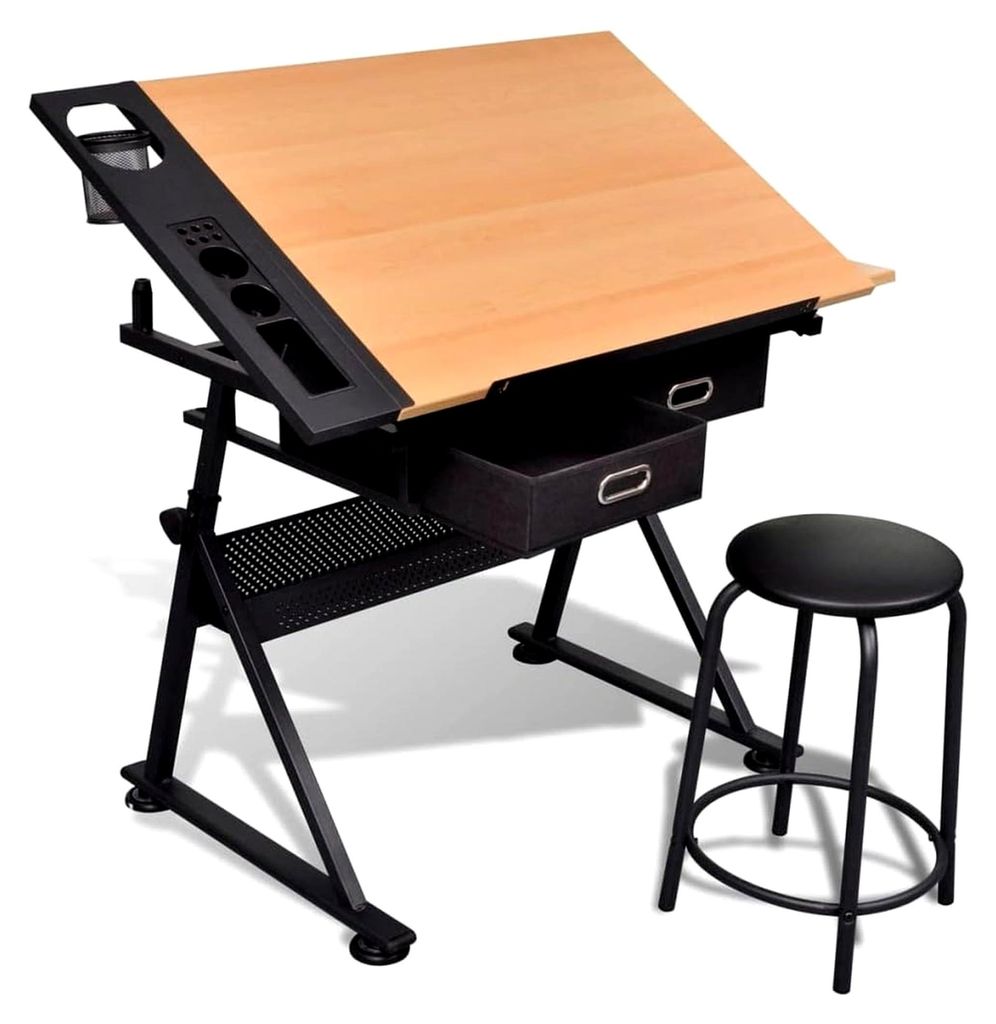 Büro-Arbeitsplatztische, Kunst- und Zeichentische mit zwei Schubladen und neigbarem Tisch sowie Hocker