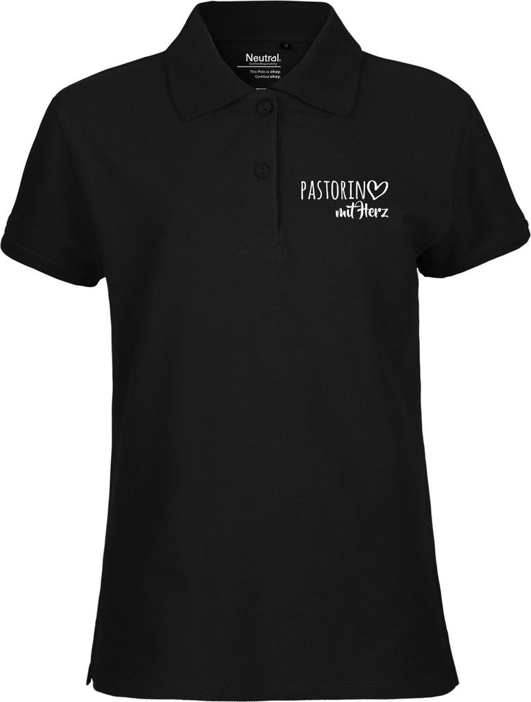 Huuraa Damen Polo Shirt Pastorin mit Herz XXL Black Bio Baumwolle Fairtrade Poloshirt Geschenkidee