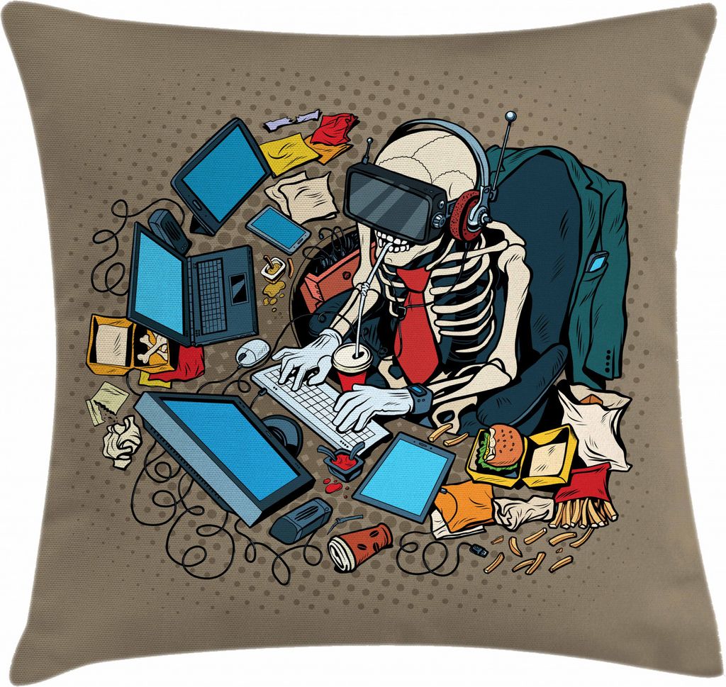 ABAKUHAUS Gamer Kissenbezug, Skelett in der Virtual Reality, Kissenhülle mit Reißverschluss Waschbar Farbfest Beidseitiger Druck, 50 x 50 cm, Meh...