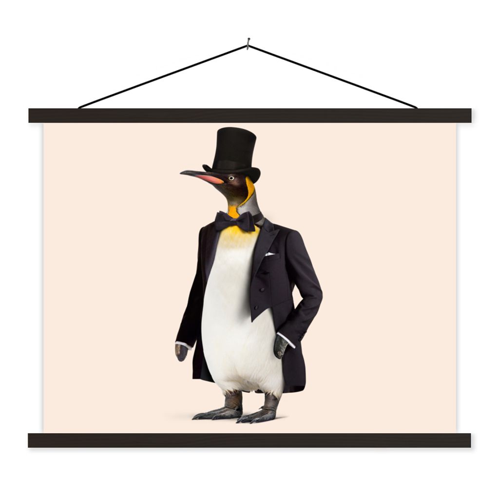 MuchoWow Textilposter Pinguin - Tier - Hut - Colbert - Schwarz 150x113 cm mit schwarzem Rahmen - Wohnzimmer