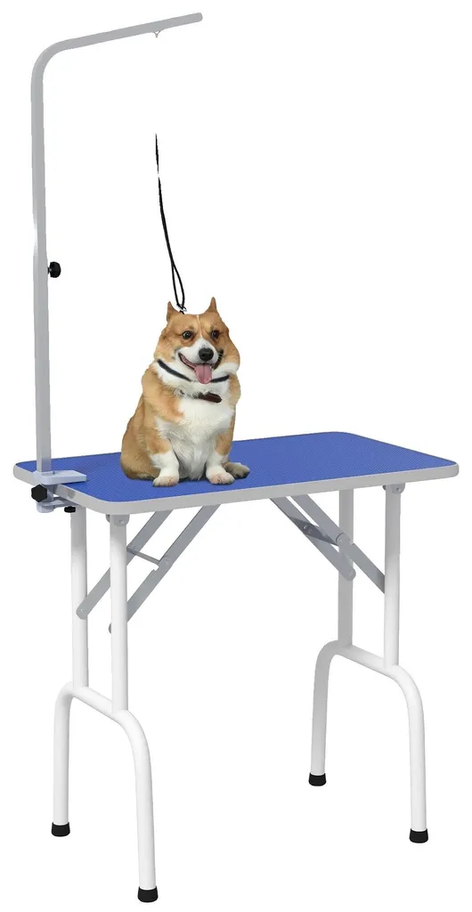 Table de toilettage bleue 81x48,5cm avec bras réglable et plateau stable