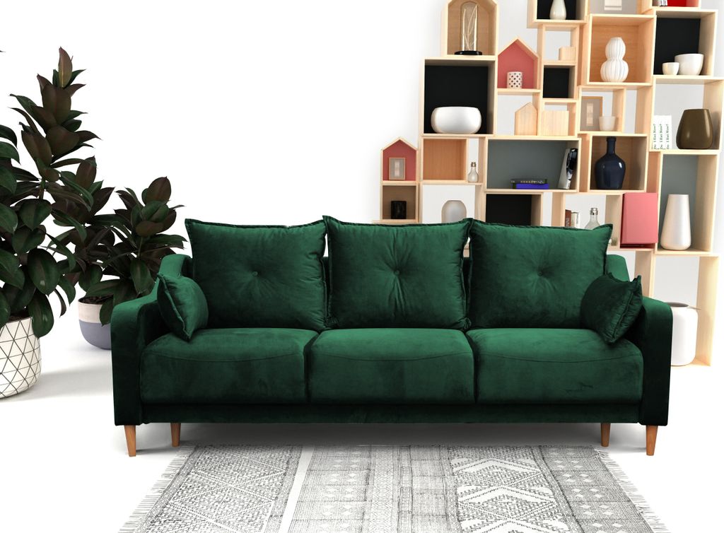 Moderne Schlafsofa mit Bettkasten LENNY, Sofa mit Relaxfunktion, Couch inklusive Wellenunterfederung (Stoff: riviera 38 - dunkelgrün)