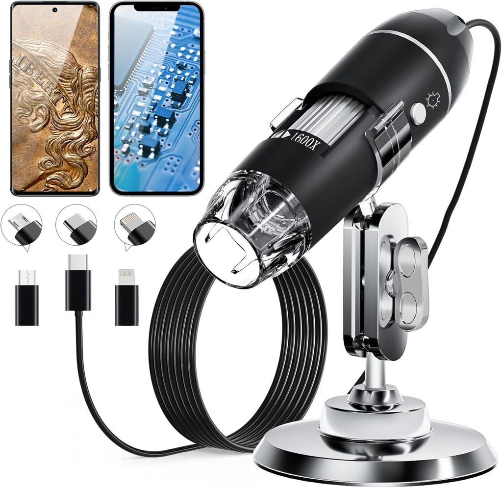 USB Digital Mikroskop, handgeführte HD-Inspektionskamera mit 50- bis 1600-facher Vergrößerung und verstellbarem Ständer, 8 LED-Leuchten, kompat...