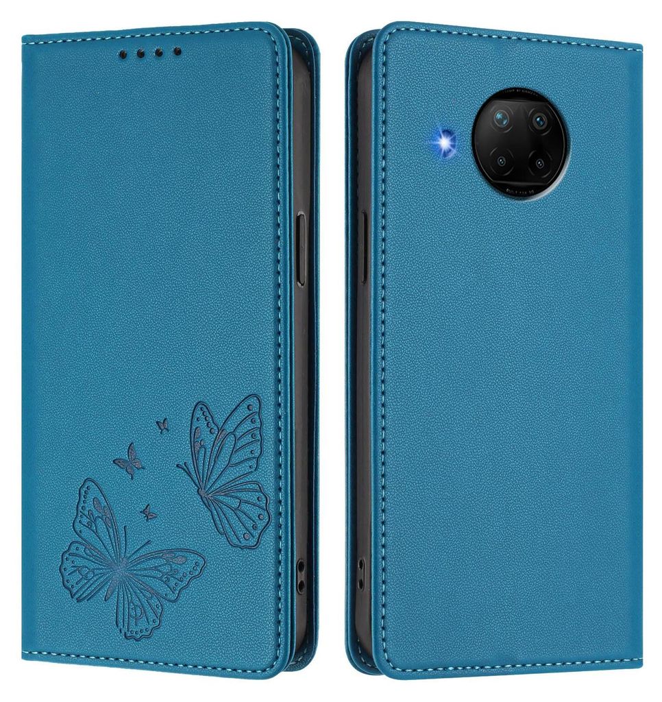 Lederhülle für Xiaomi Mi 10T Lite, Schmetterling Prägung Leder Brieftasche Schutzhülle mit Ständer Blau