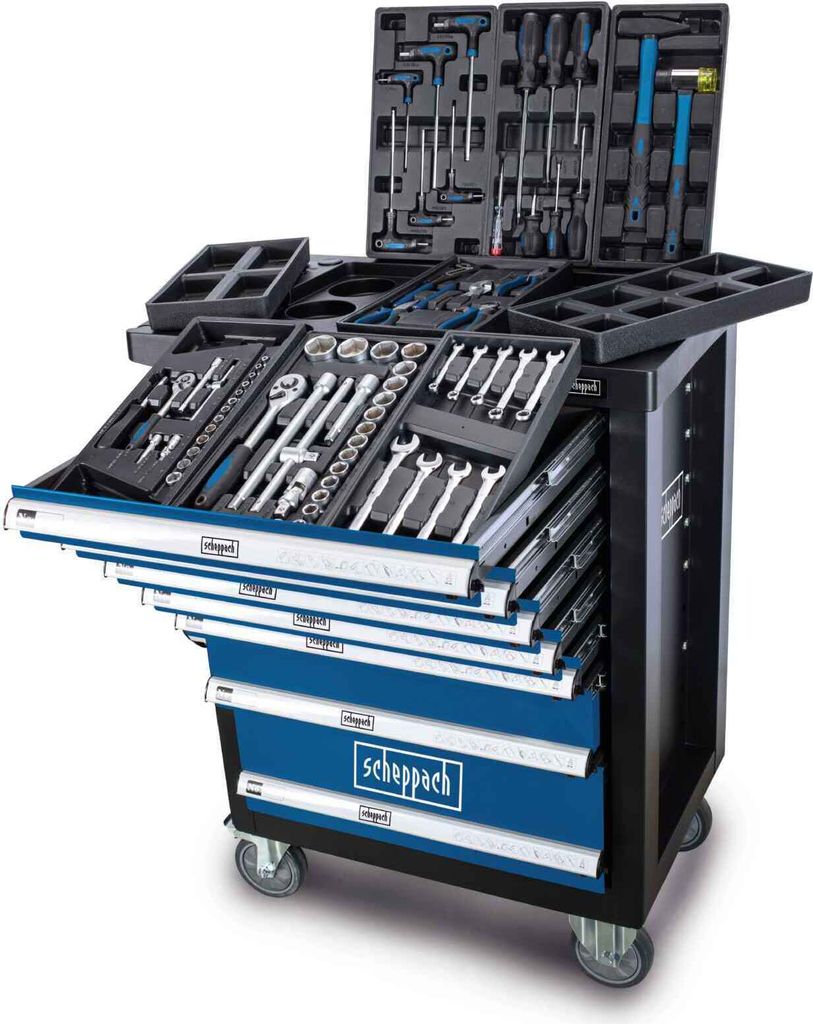 Scheppach Werkstattwagen TW1100 Werkzeugwagen Werkzeugkasten mit 4 Rollen | 7 Schubladen - inklusive 70-TLG. Werkzeugset | abschließbar und mobil