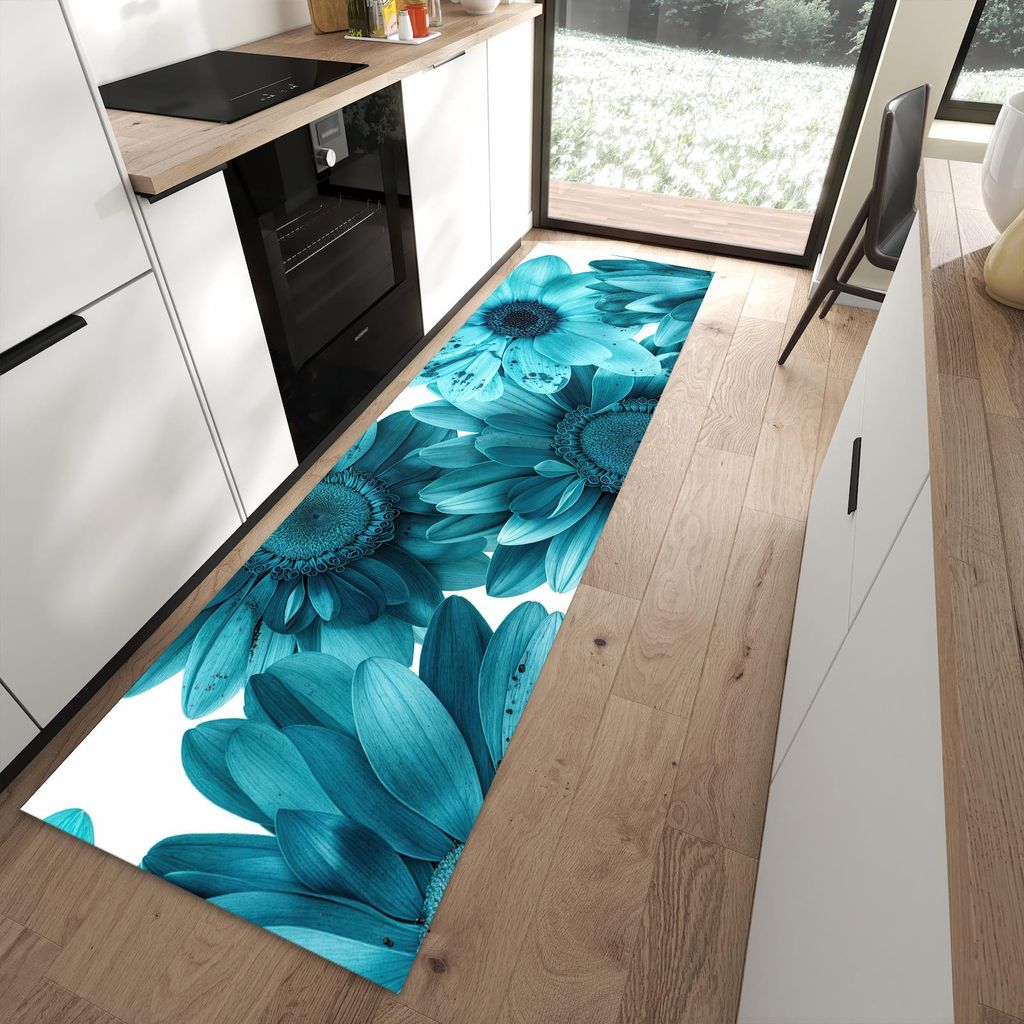 Küchenteppich 80x280cm rutschfest & abwischbar PVC Läufer - Blaue Blütenpracht