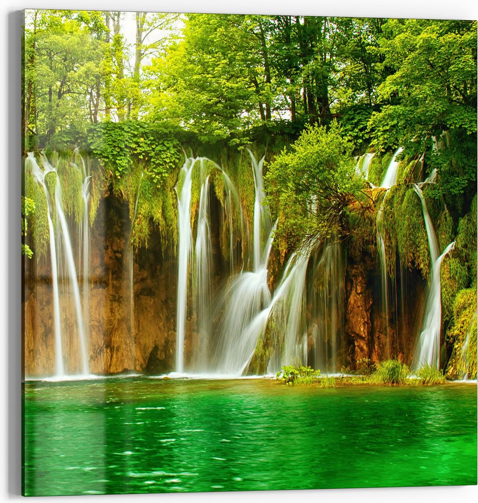 DEQORI Glasbild Echtglas 50x50 cm 'Grüner Wasserfall' Wandbild Bild modern Deko