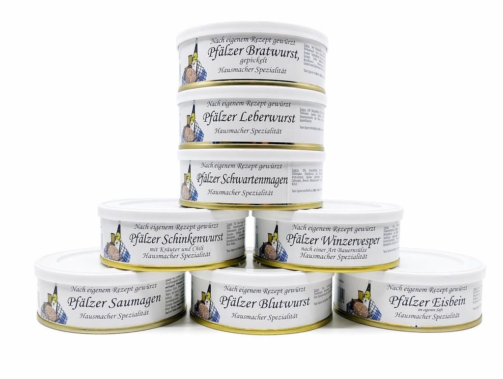 Pfälzer Wurst Paket Geschenkpaket Dosenwurst - 8 Stk: Leberwurst, Bratwurst, Eisbein, Saumagen, Blutwurst, Winzervesper, Schwartenmagen, Schinkenw...
