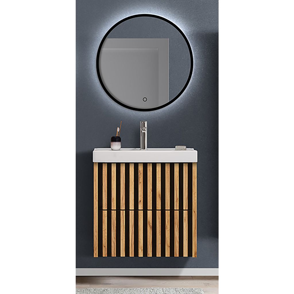 Badmöbel Set in Eiche Nb. mit Lamellenfronten LUCCA-107, LED-Spiegel, Waschtisch 60 cm, B/H/T: ca. 61/200/46 cm