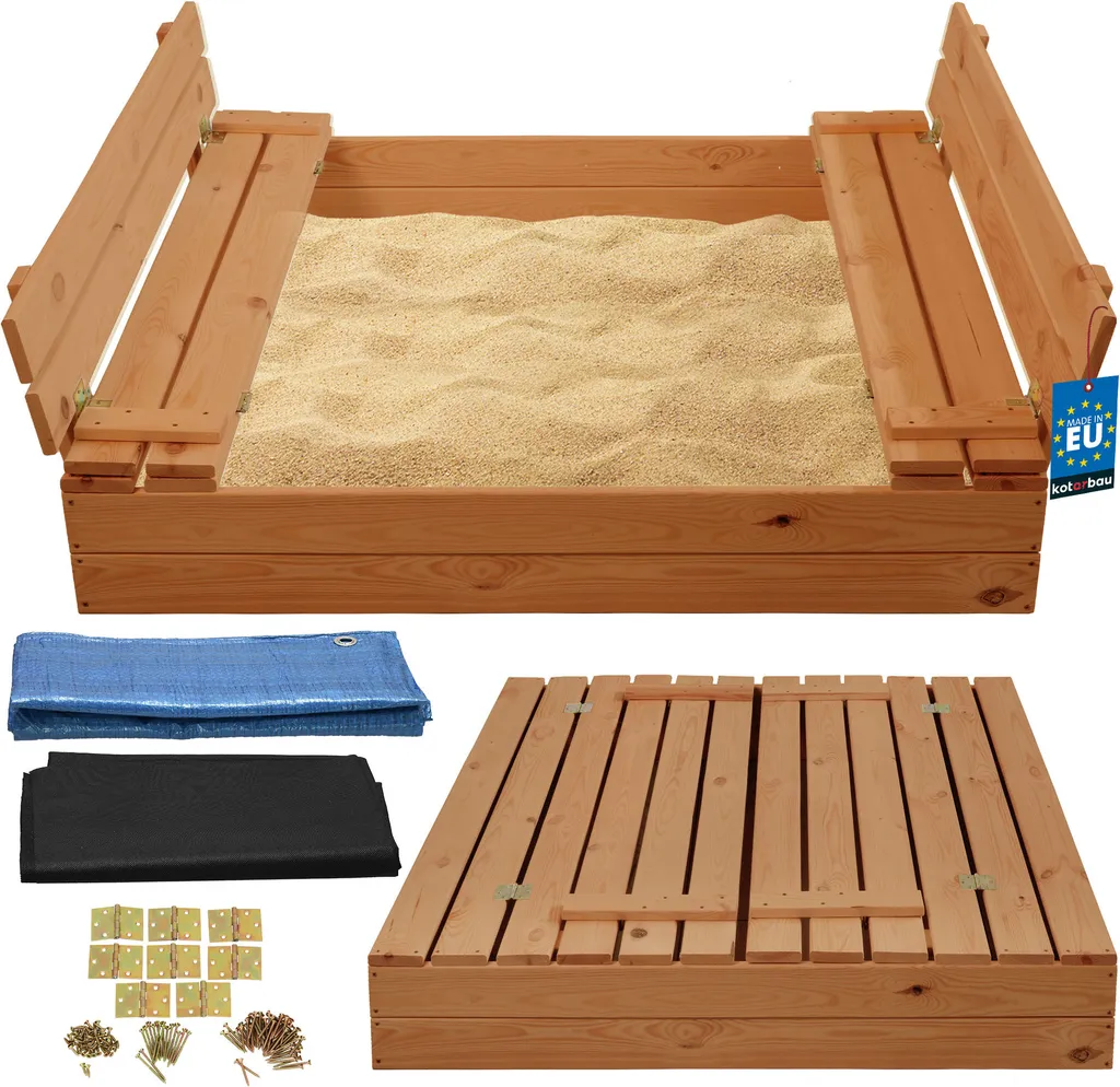 KOTARBAU Bac à Sable Enfant 120x120 cm en Bois Marron avec Couvercle