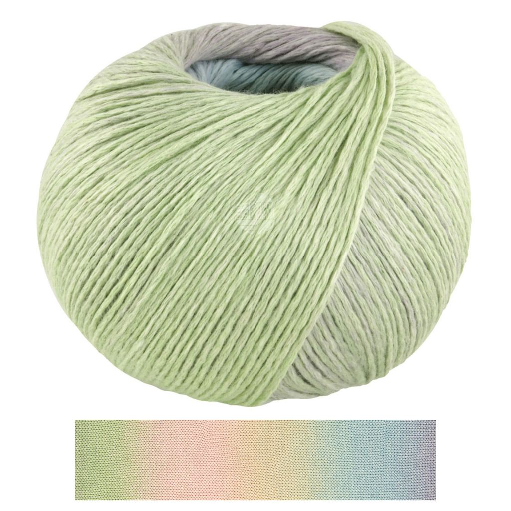 A ball of yarn with a gradient of pastel colors.
