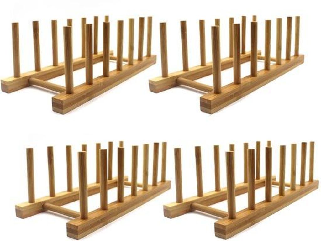 Bamboe afdruiprek, keukenorganizer voor borden, kommen, bekers, pannendeksels, snijplanken (4-pack)