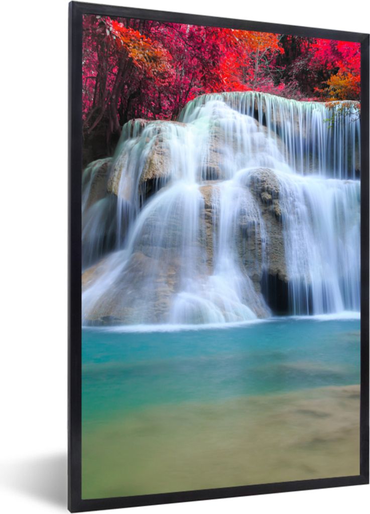 MuchoWow Gerahmtes Poster Wasserfall - Bäume - Rot - Landschaft - Natur 20x30 cm - Poster mit Schwarzem Bilderrahmen Wandposter Rahmen Foto Bild...