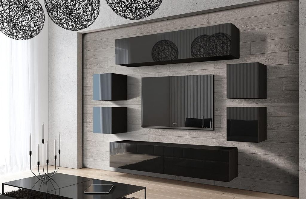 Furnitech Wohnwand Wohnzimmer - Wohnzimmer Möbel mit LED Weiß - Hängend Wohnwand Modern - Regale und TV Schrank (Future C42/HG/B/1 1B)