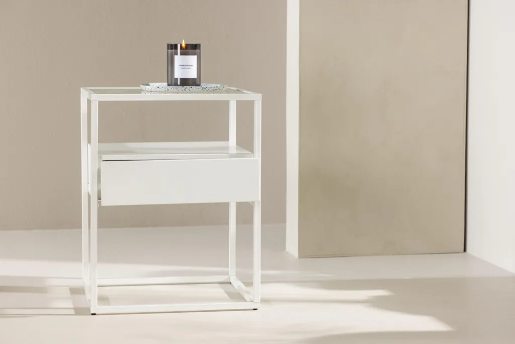 Petit meuble d'angle Fortaleza blanc, console compacte à tiroir unique