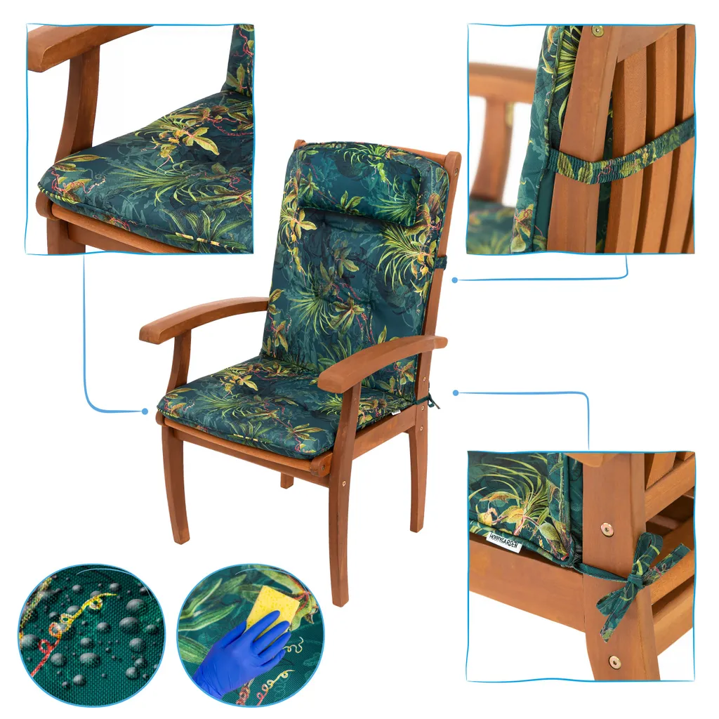 Cuscino per sedia da giardino "Benita" - 120x50 cm - con cuscino per la testa - resistente alle intemperie e confortevole | Cuscino per seduta, cuscino per sedia, sedia con schienale alto, cuscino per sedia | PillowPrim - 2