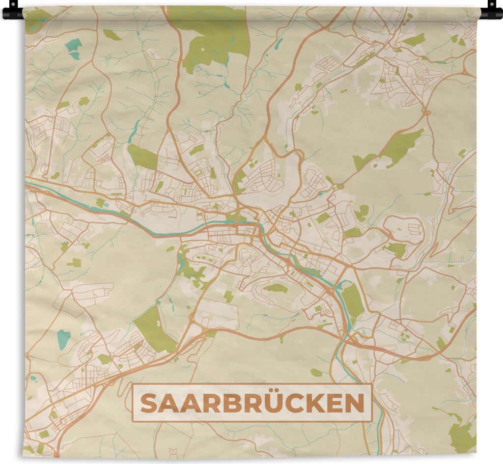 MuchoWow Wandteppich Wandbehang Saarbrücken - Karte - Vintage - Stadtplan 120x120 cm Tapisserie Dekoration Wandtuch - Modern - Baumwollgewebe