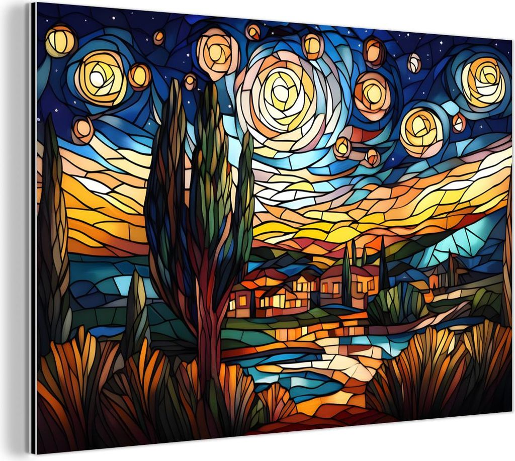 MuchoWow Wanddekoration Metall Metallbild Wandkunst 90x60 cm Himmel - Sterne - Mosaik - Häuser MuchoWow Aluminium Gemälde - Wandbilder