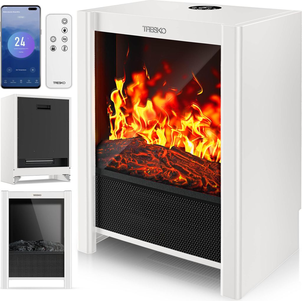 TRESKO Elektrokamin mit Heizung & Fernbedienung 2000W, WiFi App | Kamin elektrisch LED-Flammeneffekt & LCD-Display | Kaminfeuer mit Thermostat, T...