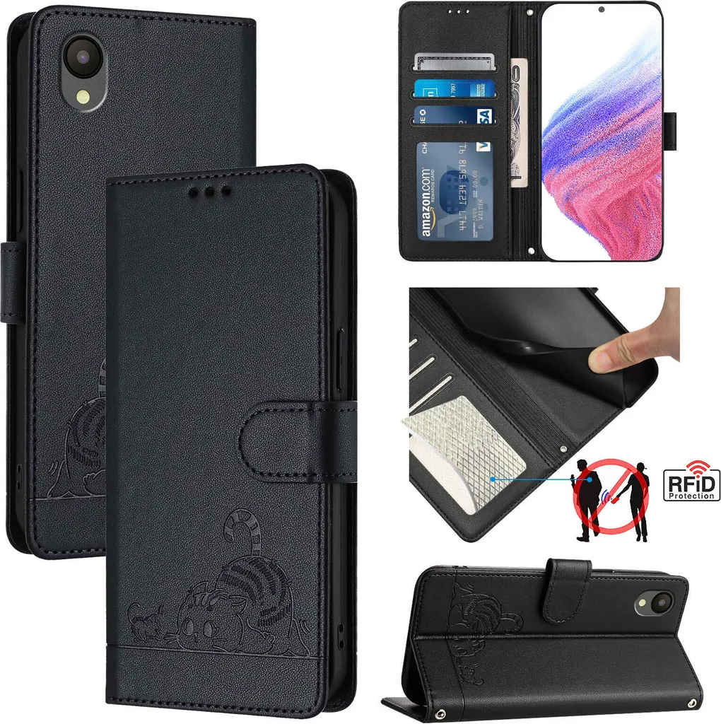 Custodia in pelle per Samsung Galaxy A04 Core/A03 core, dolce gatto Custodia flip con funzione stand e portafoglio nero
