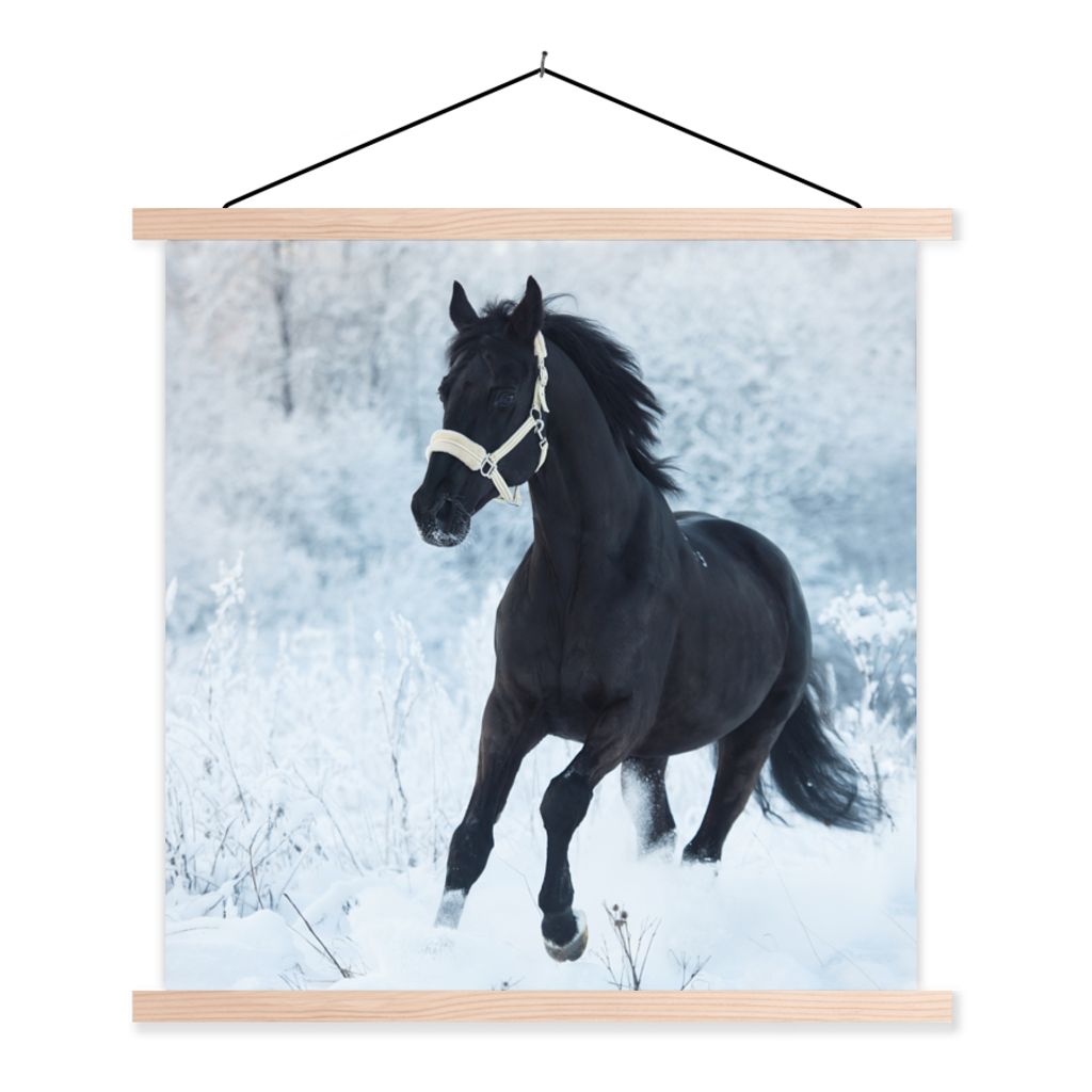 MuchoWow Textilposter Pferd - Schnee - Wald 120x120 cm mit holzfarbenen Rahmen - Textil-Poster